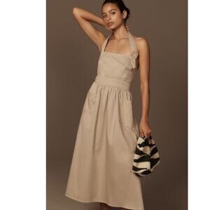 NWT Anthropologie Porridge Halter Utility Midi Dress $168 LARGE Taupe Cotton